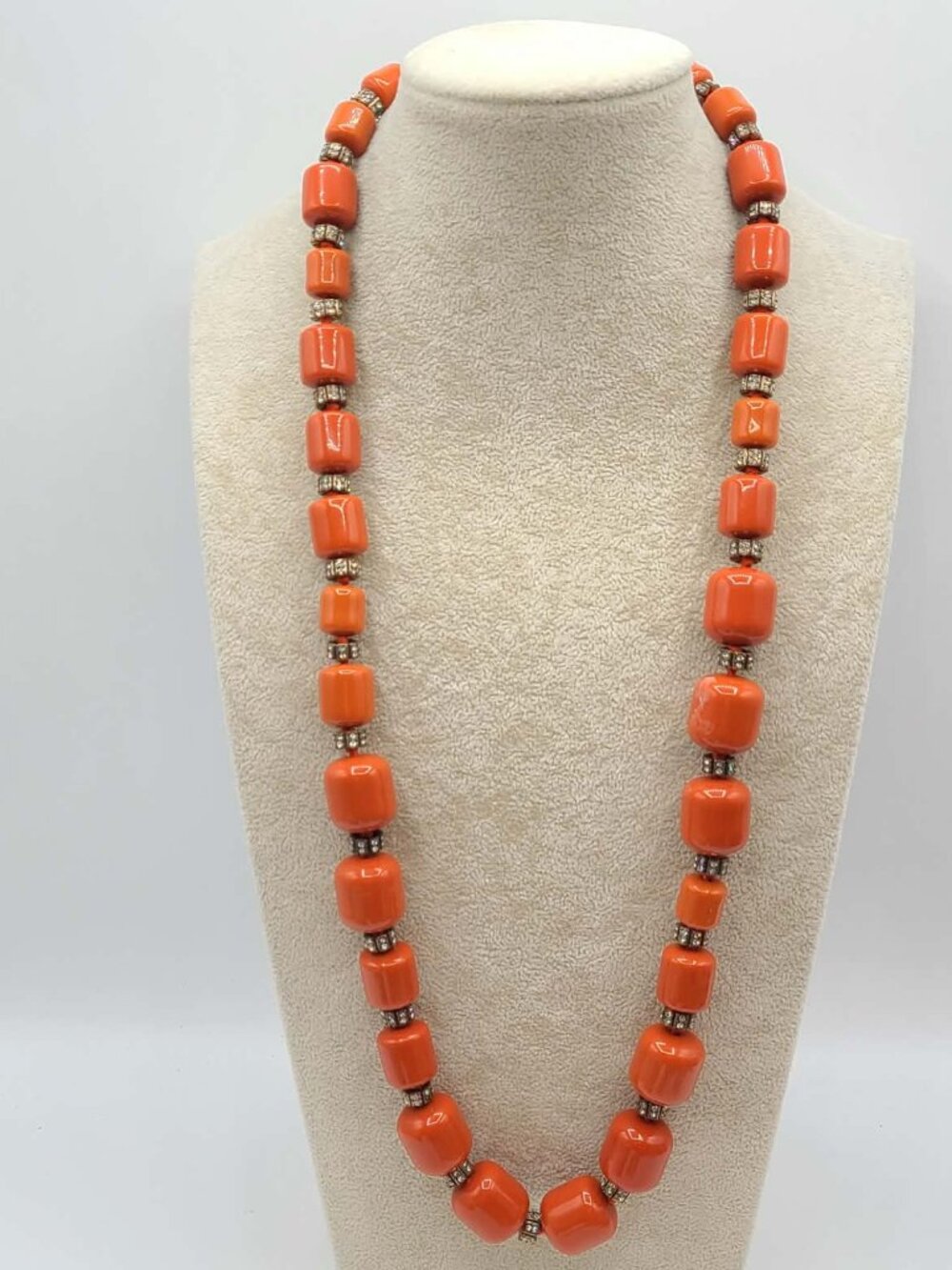 J Crew Burnt Orange Chunky Beaded Necklace with Clear Crystals